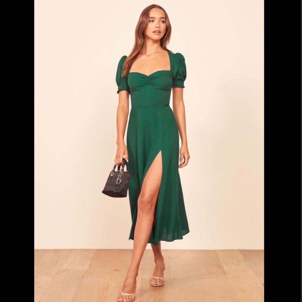 Reformation Lacey Green Midi Puff Sleeve Dress